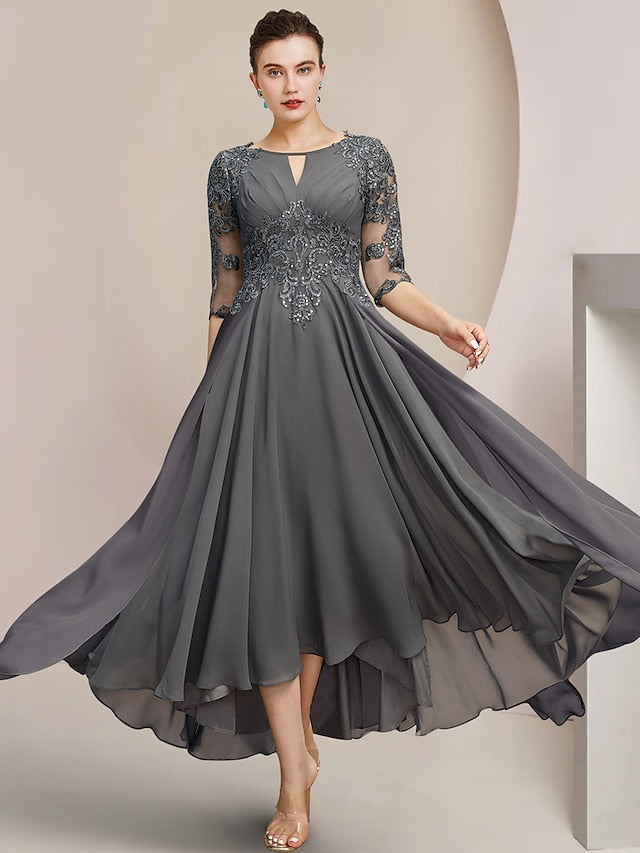 Women's Lace Applique Mother of the Bride Dresses for Wedding Guest Half Sleeves Formal Evening Party Dress, Charcoal Gray