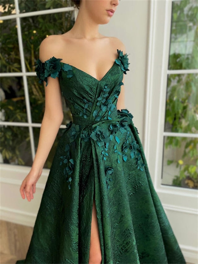 Emerald Prom Dresses 2026 Women's A-Line/Princess Off-the-Shoulder Sleeveless Floor-length Long Formal Evening Floral Dresses Split Side Appliques