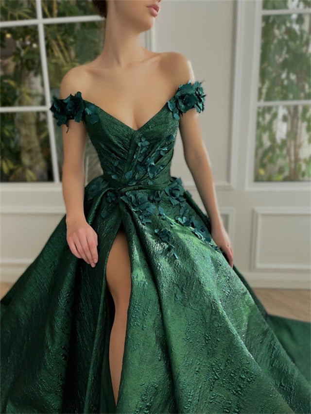 A-Line/Princess Off-the-Shoulder Sleeveless Floor-length Long Prom Floral Dresses Whit Split Side Appliques
