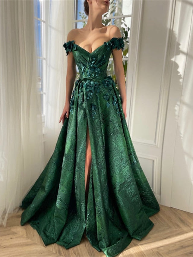 Emerald Prom Dresses 2026 Women's A-Line/Princess Off-the-Shoulder Sleeveless Floor-length Long Formal Evening Floral Dresses Split Side Appliques, Emerald Prom Dresses 2026 Women's A-Line/Princess Off-the-Shoulder Sleeveless Floor-length Long Formal Evening Floral Dresses Split Side Appliques,