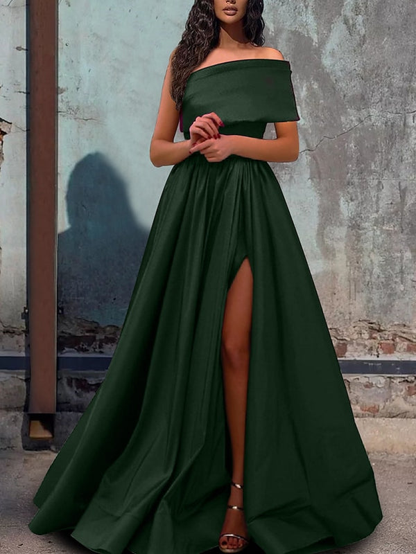 A-Line/Princess One-Shoulder Evening Dresses Satin Sleeveless Floor-length Prom With Split Side