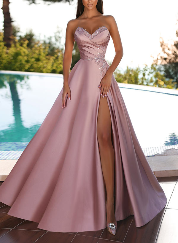 A-Line/Princess Strapless Floor-Length Prom Floral Dresses With Split Side
