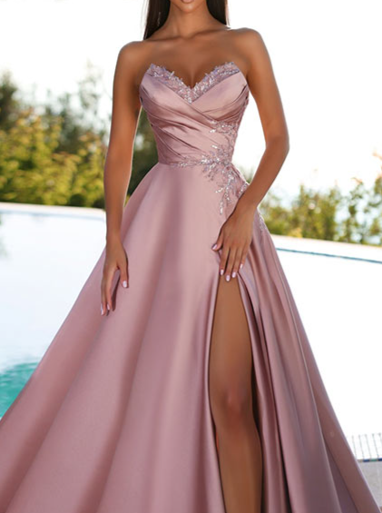 A-Line/Princess Strapless Floor-Length Prom Floral Dresses With Split Side