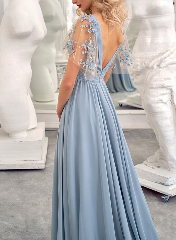 Dusty Blue Bridesmaid Dresses 2026 A-Line Deep V-Neck Sleeveless Long Formal Wedding Guest Evening Gowns with Split Side & Applique, Dusty Blue Dusty Blue Bridesmaid Dresses 2026 A-Line Deep V-Neck Sleeveless Long Formal Wedding Guest Evening Gowns with Split Side & Applique, Dusty Blue