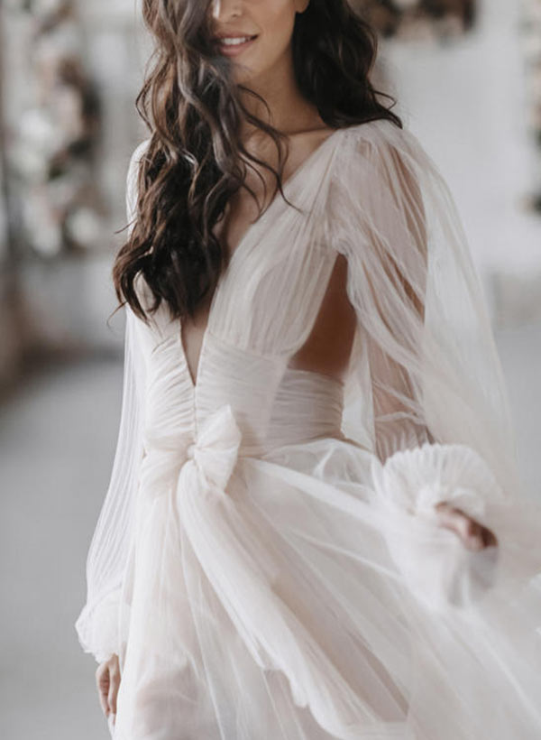 Tulle Bridal Wedding Dresses 2026 Chic Women's Ball Gown A-Line Deep V-Neck Long Sleeves Floor-Length Beach Wedding Gowns with Bowknot, Ivory Tulle Bridal Wedding Dresses 2026 Chic Women's Ball Gown A-Line Deep V-Neck Long Sleeves Floor-Length Beach Wedding Gowns with Bowknot, Ivory