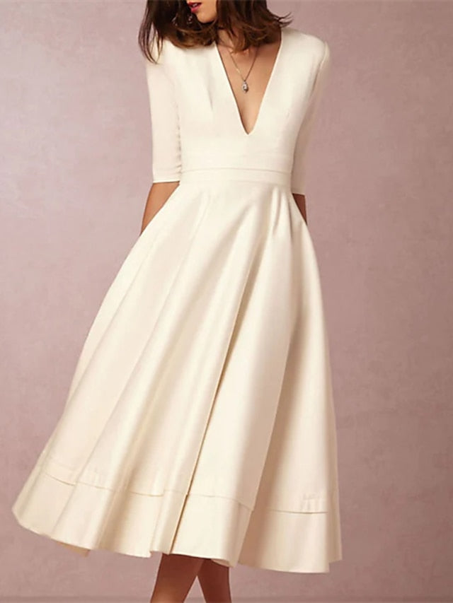 A-Line/Princess V-Neck Tea-Length Prom Dresses