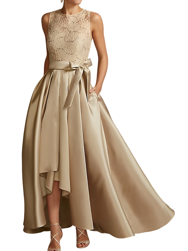 A-Line/Princess Jewel Neck Sleeveless Asymmetrical Mother Of The Bride Dresses With Pleats