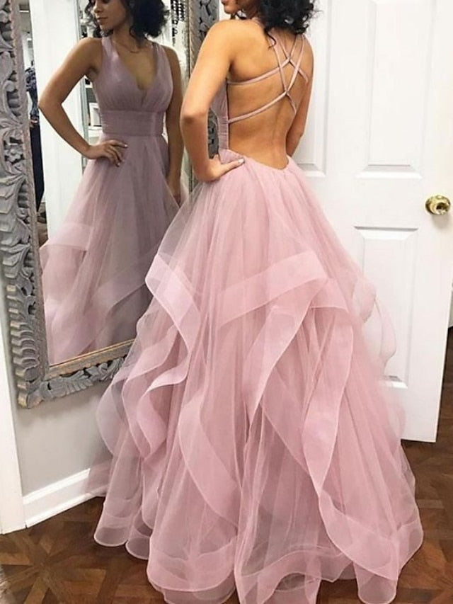 A-Line/Princess V-Neck Floor-length Prom Dresses