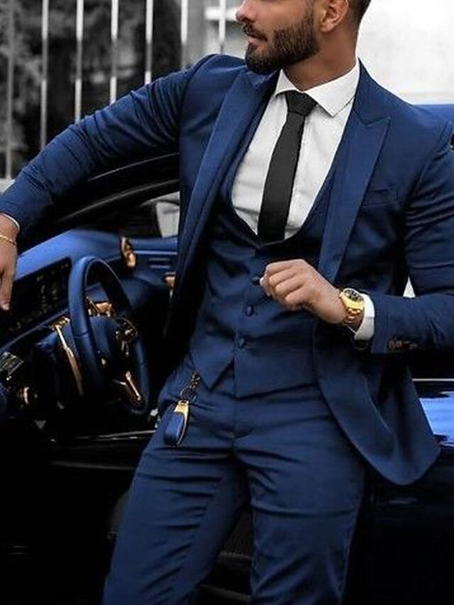 Men's Tailored Fit Single Breasted Two-buttons 3 Pieces Wedding Suits, Blue Men's Tailored Fit Single Breasted Two-buttons 3 Pieces Wedding Suits, Blue
