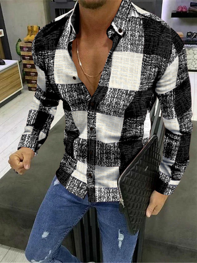 Men's Casual Cotton Blend Long Sleeves Plaid Color Block Shirt