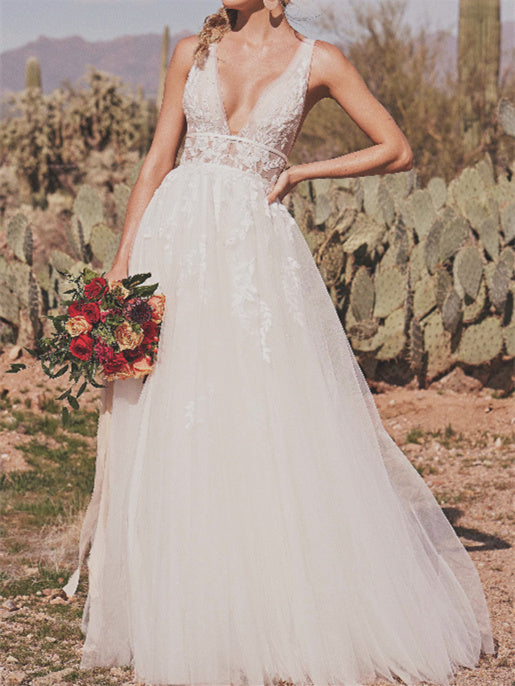 A-Line/Princess V-Neck Floor-length Wedding Dress - Mondressy A-Line/Princess V-Neck Floor-length Wedding Dress - Mondressy
