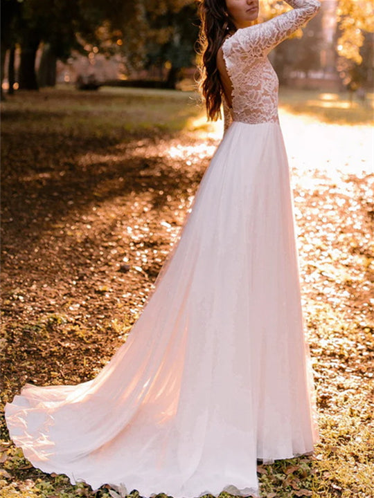 A-Line/Princess Scoop Floor-Length Stretch Crepe Wedding Dresses