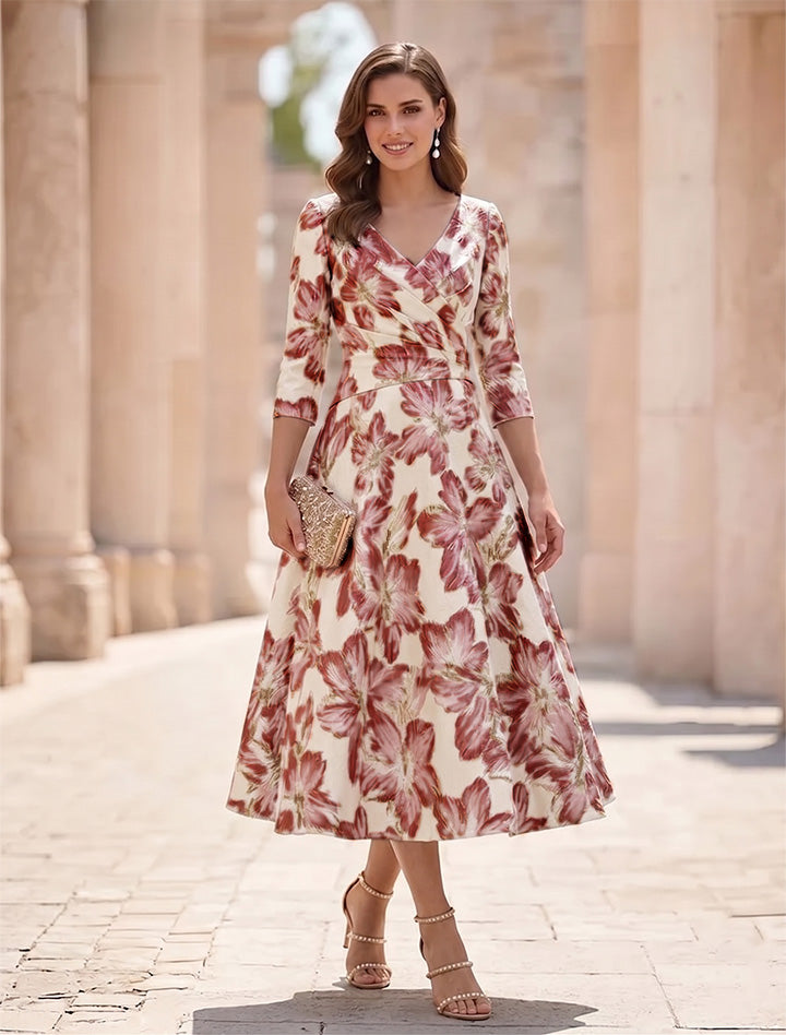 A-Line/Princess V-Neck Satin Mother of the Bride Dresses Floral 3/4 Sleeves Tea-Length Ruched
