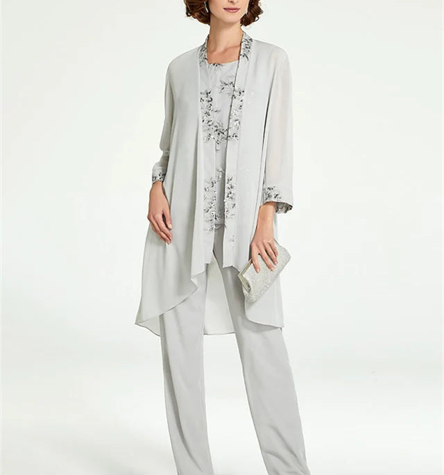 Chiffon Round Neck Floor-Length Mother of the Bride Pantsuits with Jacket