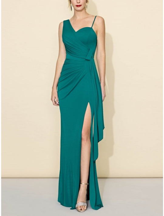 Sheath/Column One-Shoulder Sleeveless Floor-Length Bridesmaid Dresses with Pleats