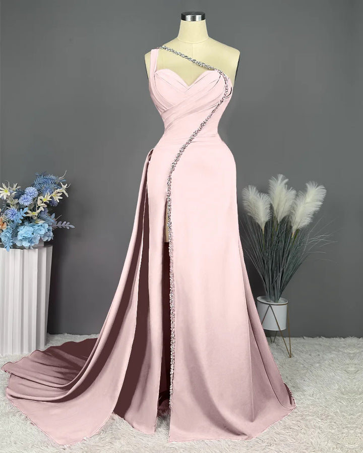 Sheath/Column One-Shoulder Floor-Length Long Formal Prom Dresses With Slit Pleated Beadings