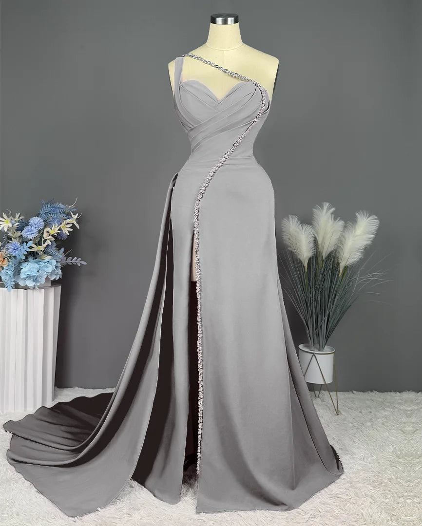 Sheath/Column One-Shoulder Floor-Length Long Formal Prom Dresses With Slit Pleated Beadings