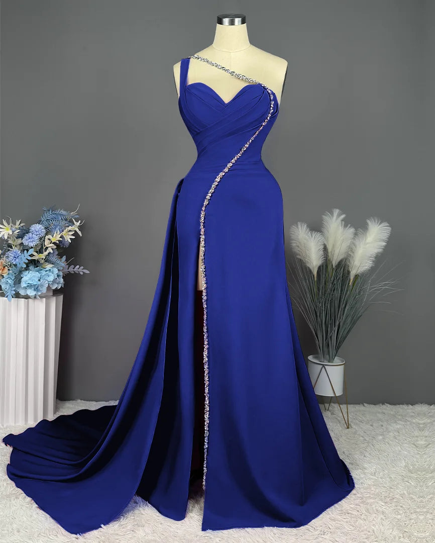 Sheath/Column One-Shoulder Floor-Length Long Formal Prom Dresses With Slit Pleated Beadings