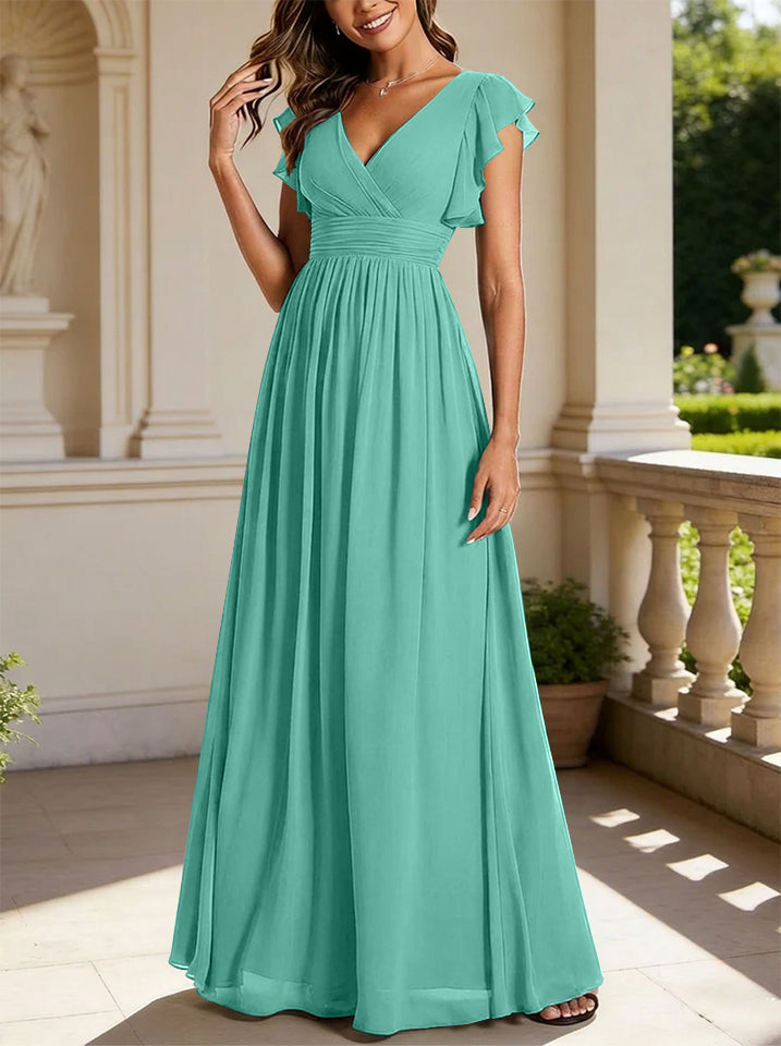 A-Line/Princess Chiffon V-Neck Bridesmaid Dresses with Ruffles Short Sleeves Floor-Length Spa