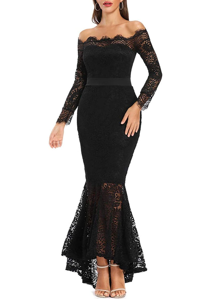 Women's Floral Lace Long Sleeve Off Shoulder Wedding Mermaid Dress