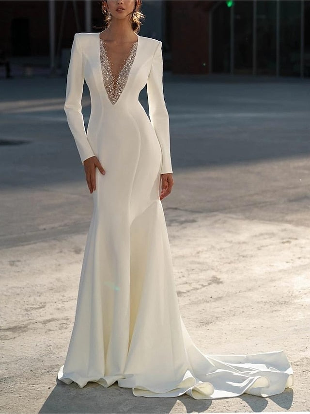 Mermaid/Trumpet V-Neck Long Sleeves Floor-Length Wedding Dresses with -  Mondressy