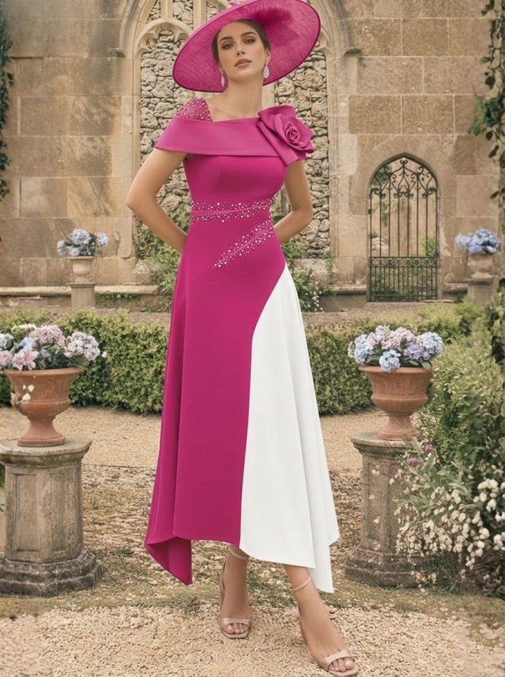 A-Line/Princess One-Shoulder Stretch Satin Mother of the Bride Dresses With 3D Flower Asymmetrical Ankle-Length