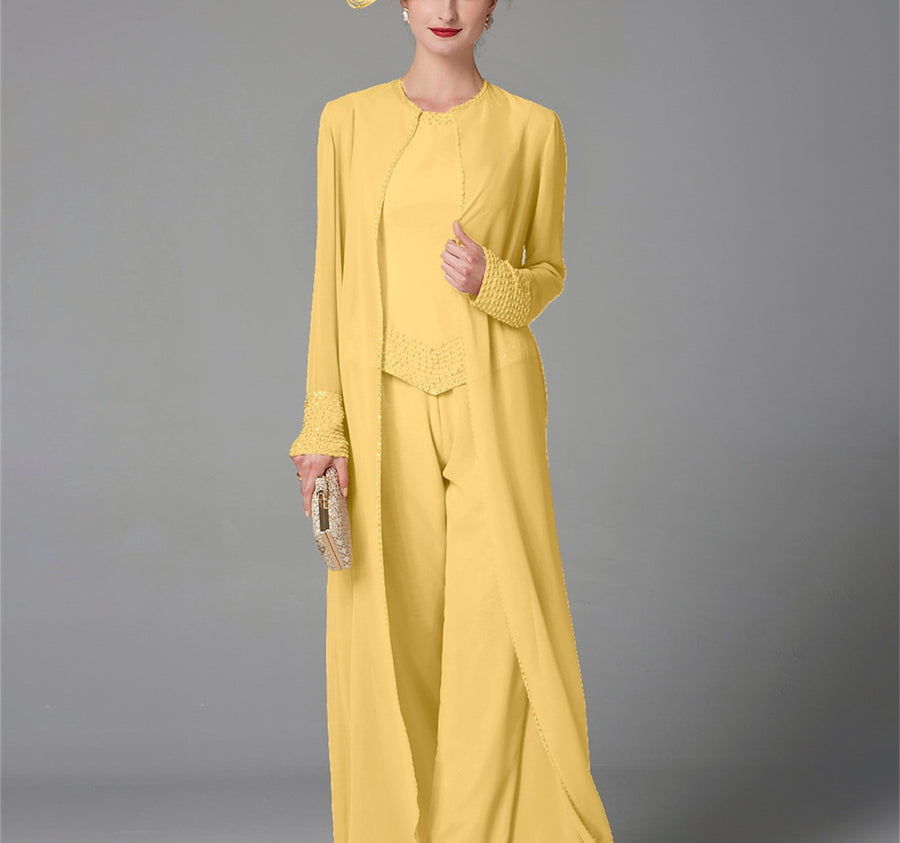 Chiffon Long Sleeves Mother of the Bride Pantsuits with Jacket & Sequins