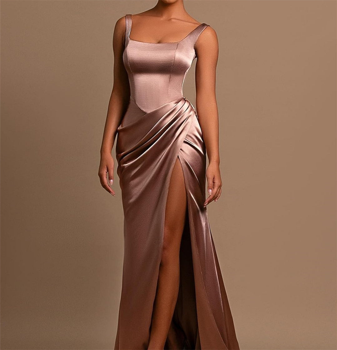 Sheath/Column Wide Shoulder Straps Square Neckline Floor-Length Long Formal Prom Dresses  With Split Side