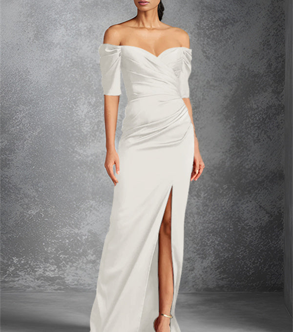 Sheath/Column Off-the-Shoulder Short Sleeves Floor-Length Mother of the Bride Dresses With Split Front