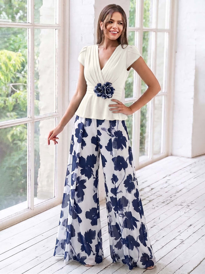 A-Line/Princess V-Neck Short Sleeves Floor-Length Mother of the Bride Floral Pants Suit