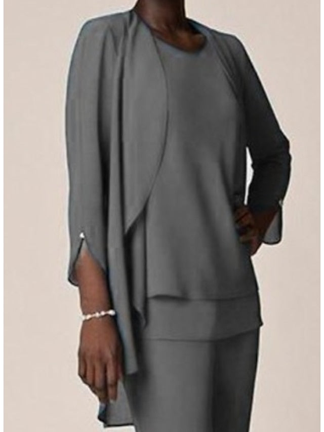 Chiffon V-Neck Long Sleeves Mother of the Bride Pantsuits with Ruffles