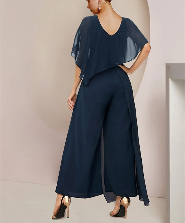 Chiffon Scoop Sleeveless Mother of the Bride Pantsuits with Belt