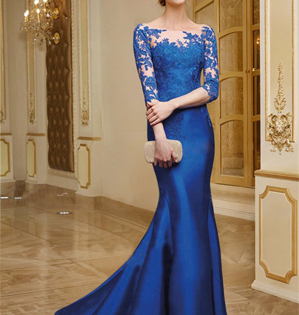 Mondressy Mother of the Bride Dresses Royal Blue 2026 Elegant Lace Sheath Scoop Neck 3/4 Sleeves Formal Evening Gowns Royal Blue, Royal Blue