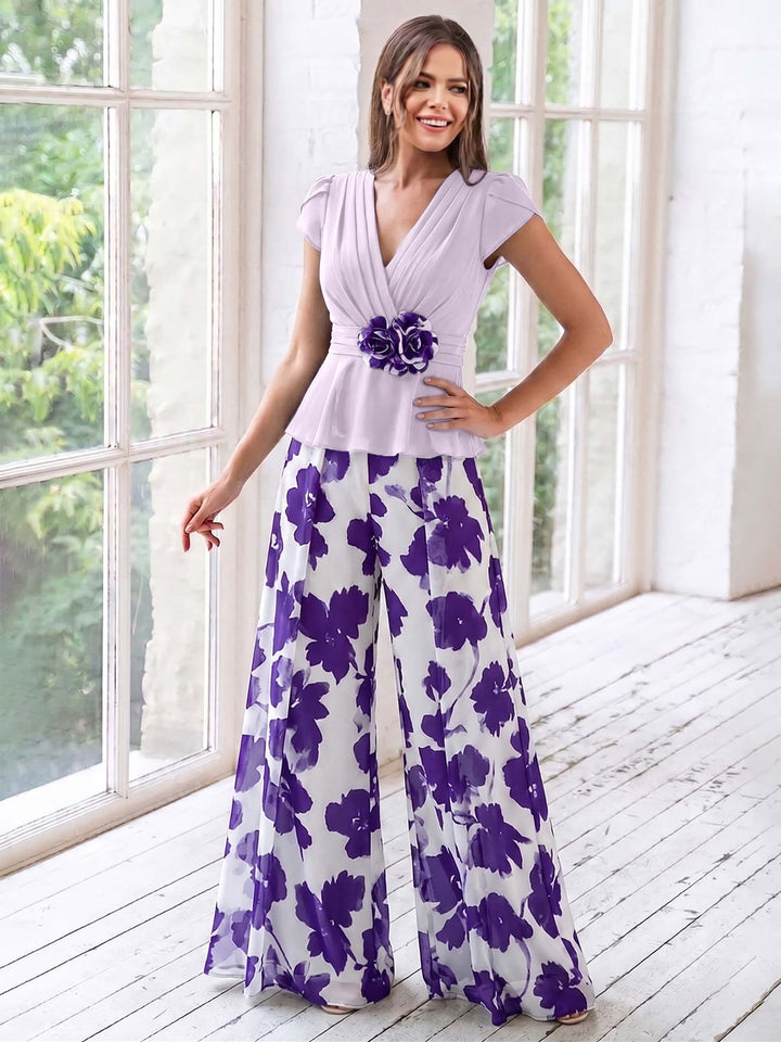 A-Line/Princess V-Neck Short Sleeves Floor-Length Mother of the Bride Floral Pants Suit