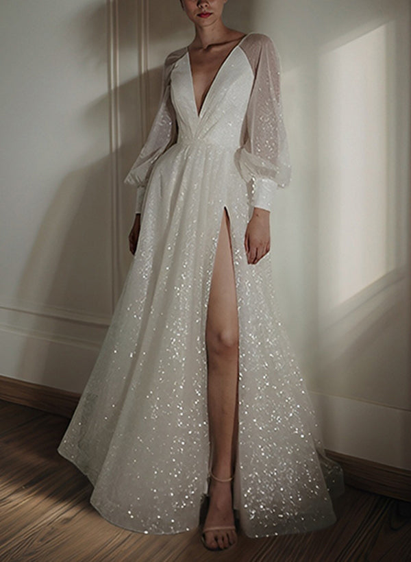 A-Line/Princess V-Neck Floor-length Wedding Dress