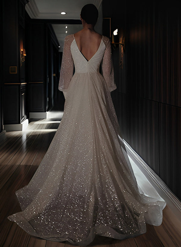 A-Line/Princess V-Neck Floor-length Wedding Dress