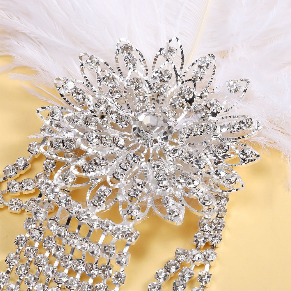 Vintage Classic Feather Side Rhinestone Floral Tassel Headpiece