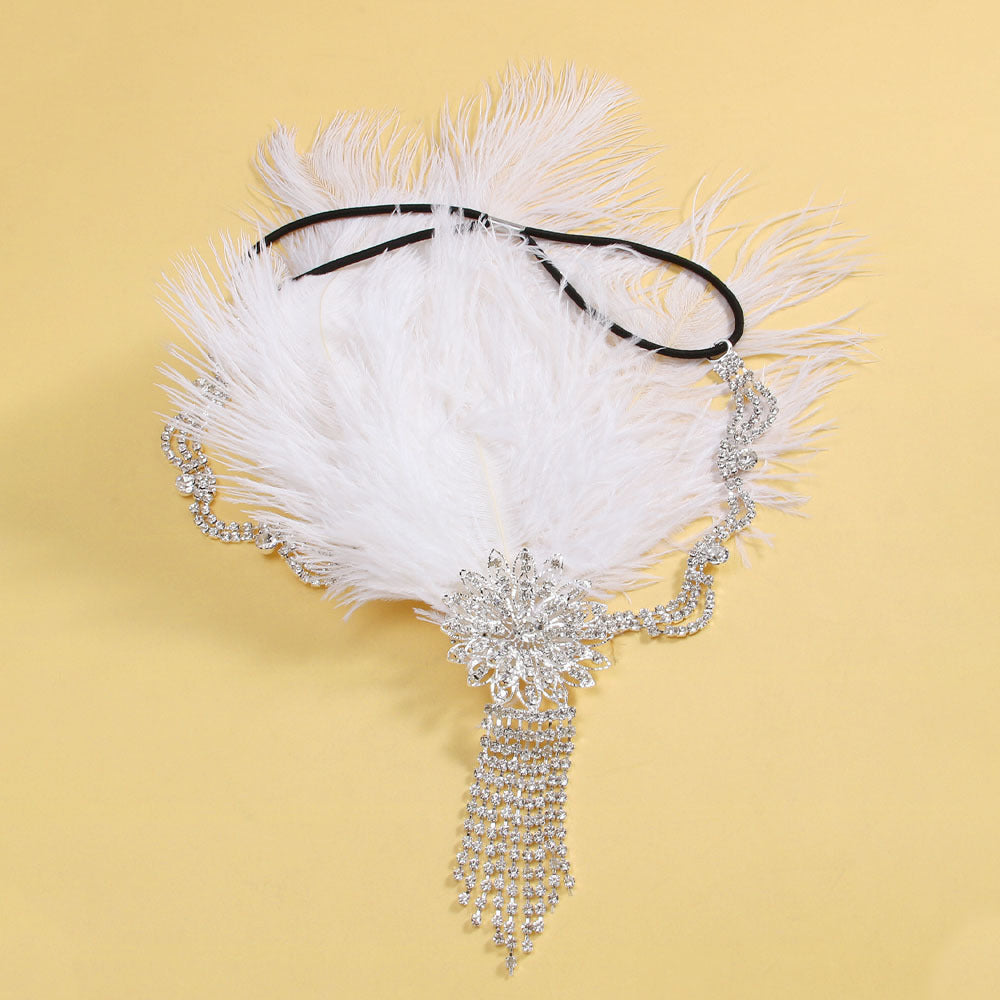 Vintage Classic Feather Side Rhinestone Floral Tassel Headpiece