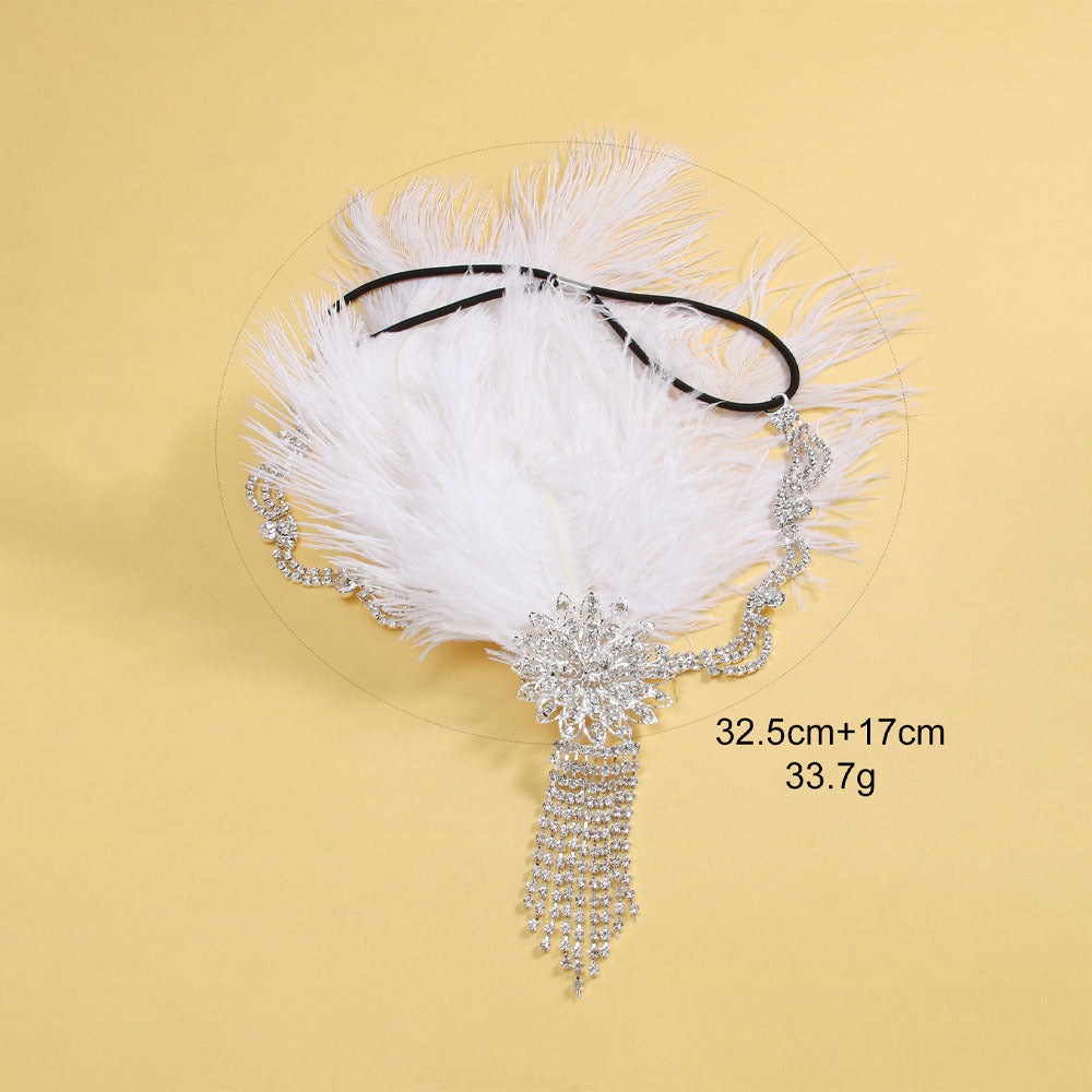 Vintage Classic Feather Side Rhinestone Floral Tassel Headpiece