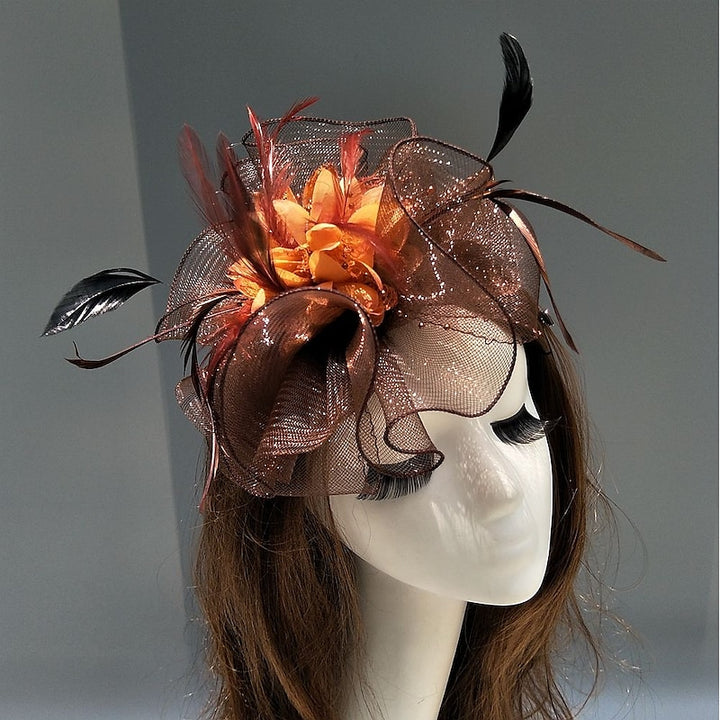 Elegant Net Saucer Hat Fascinator Hats Headpiece Flower Feather & Beading