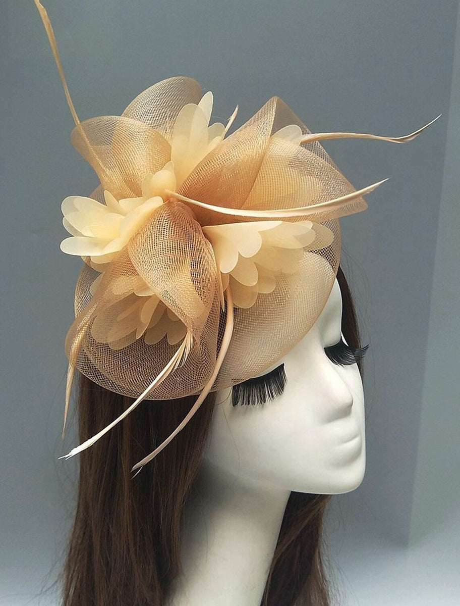 Gold Floral Feather Kentucky Derby Hat Horse Race Retro Fascinators/Headpiece