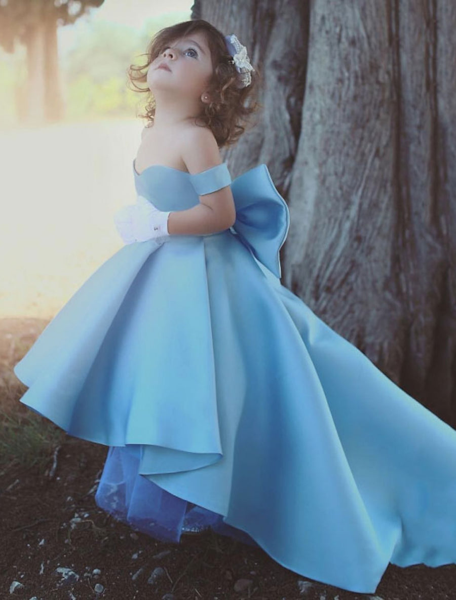A-Line/Princess Off-the-Shoulder Satin Little Girl Dresses with Bowknot, Ocean Blue