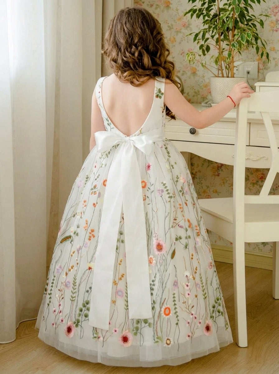 A-Line/Princess V-Neck Tulle Little Girl Dresses with Embroidery & Bowknot