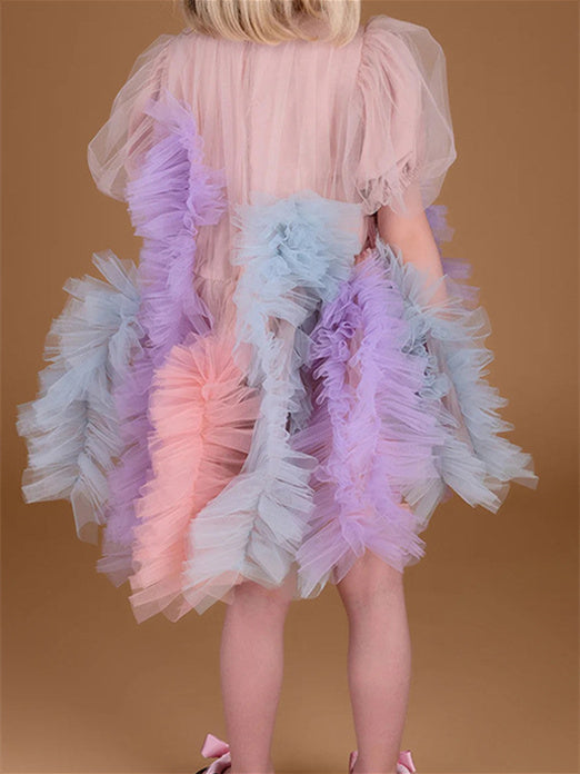 A-Line/Princess Pure Color Tulle Short Sleeves Short/Mini Tea Length Flower Girl Dresses