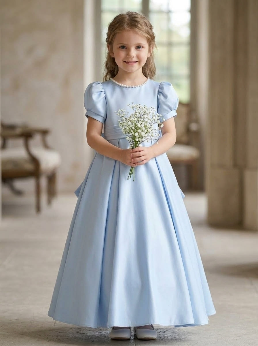 A-Line/Princess Satin Short Sleeves Floor-Length Beading Bow(s) Flower Girl Dresses
