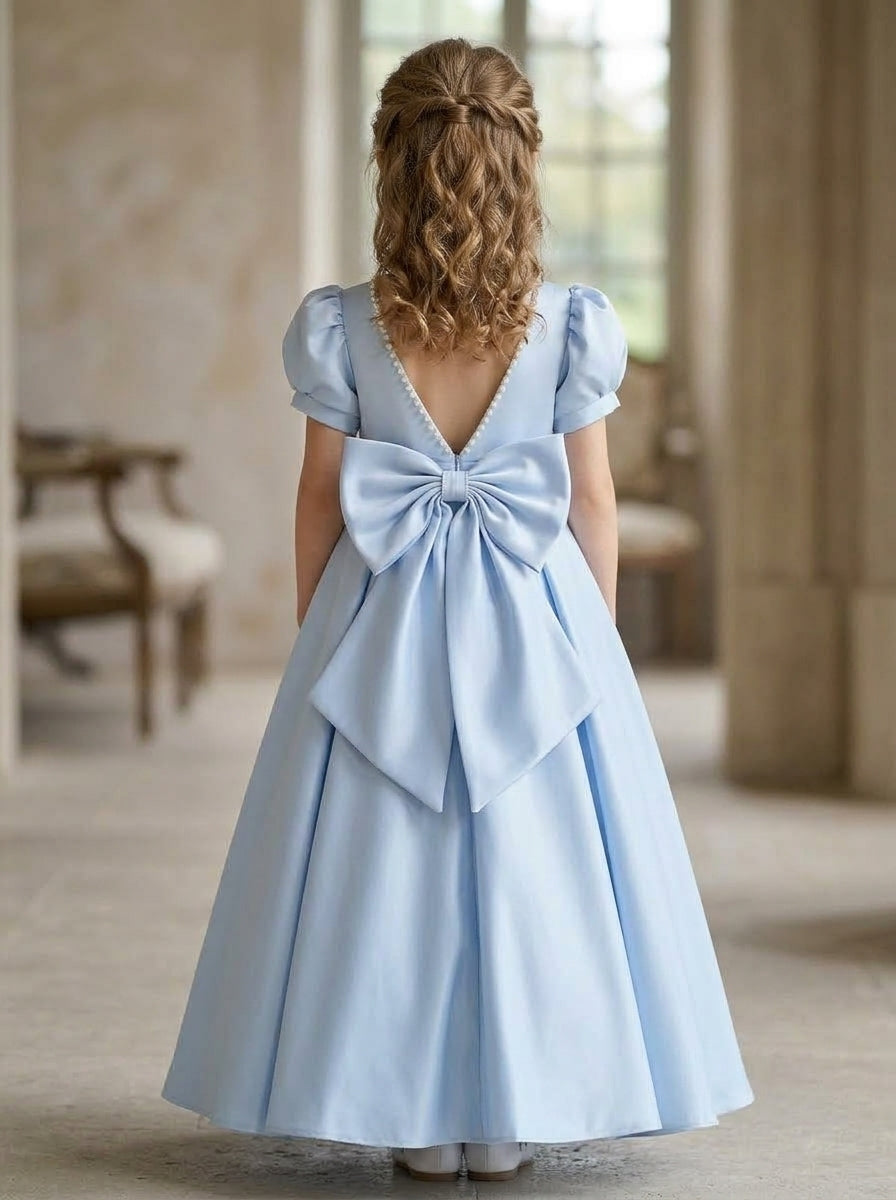 A-Line/Princess Satin Short Sleeves Floor-Length Beading Bow(s) Flower Girl Dresses