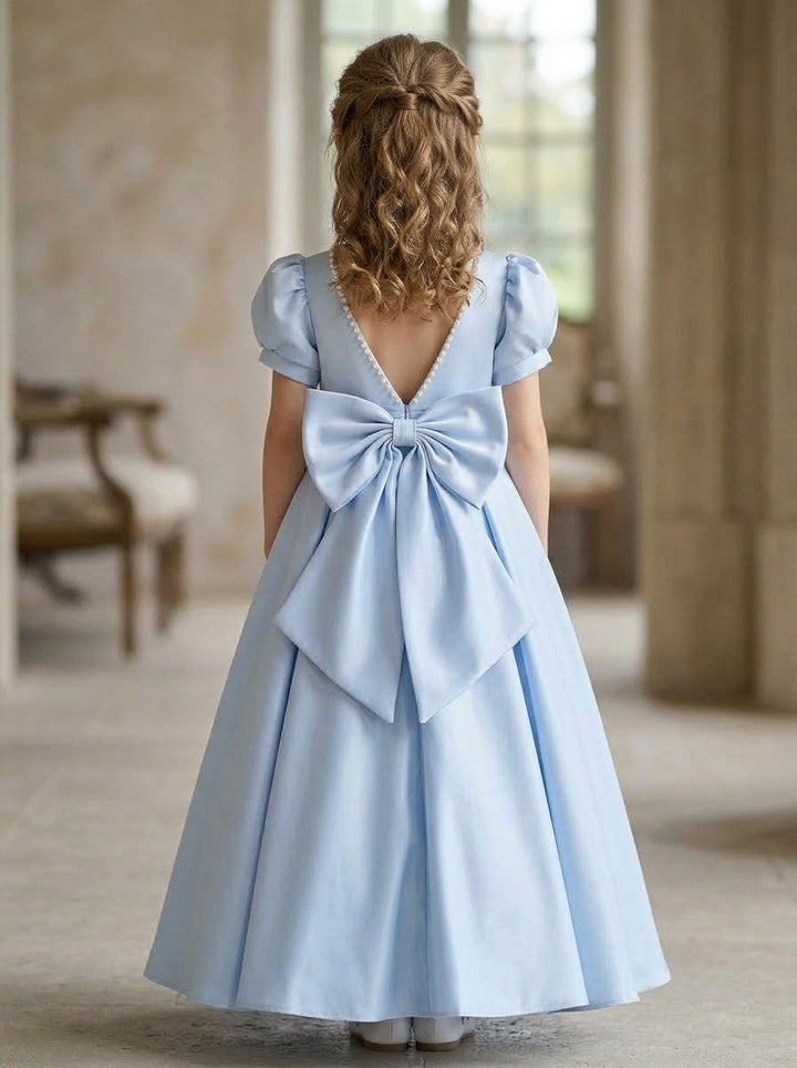 A-Line/Princess Satin Short Sleeves Floor-Length Beading Bow(s) Flower Girl Dresses