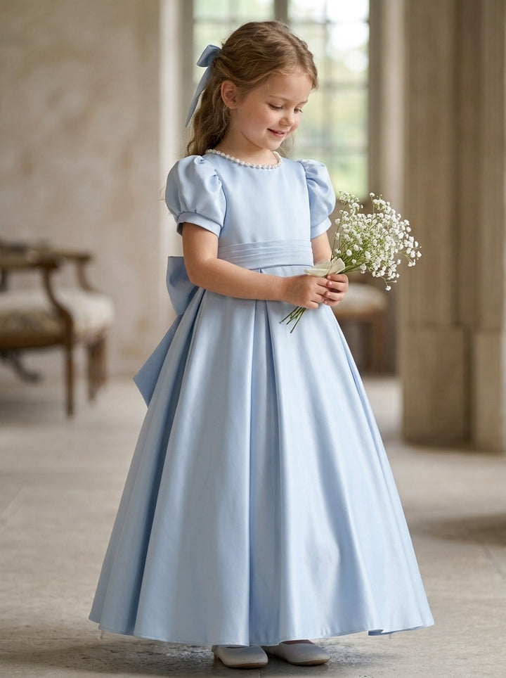 A-Line/Princess Satin Short Sleeves Floor-Length Beading Bow(s) Flower Girl Dresses