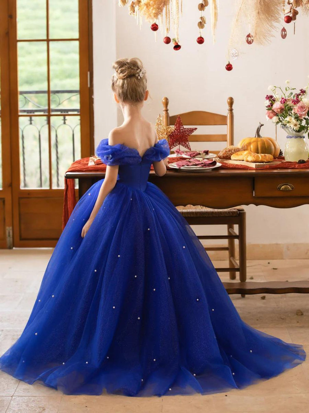 A-Line/Princess Off-the-shoulder Short Sleeves Floor Length Flower Girl Dresses with Pearls