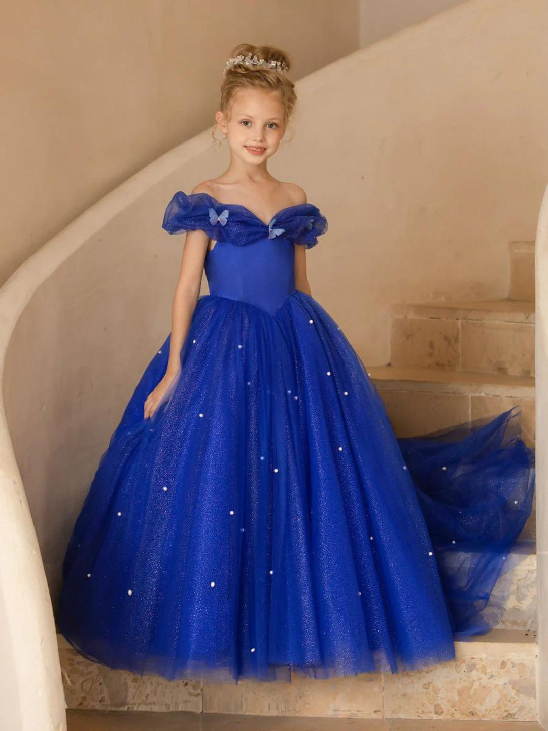 A-Line/Princess Off-the-shoulder Short Sleeves Floor Length Flower Girl Dresses with Pearls